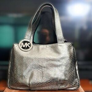 Michael Kors Fulton Large Tote Metallic Silver Python Embossed Leather Like New